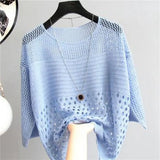 and Summer New Ice Silk Knitted Vest Tops White Shirt Hollow Out Bottoming Streetwear Fashion Womens Thin Clothing