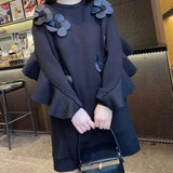 Autumn Beading Ruffles Spliced Sweatshirts Female Clothing Chic Floral Three-dimensional Decoration O-Neck Midi