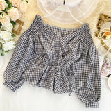 Plaid V Neck Blouses 2022 Fashion Korean Off Shoulder Bandage Blouse Cute Feminine Elegant Puff Sleeve Ruffle Top