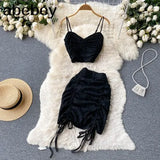 Korean Style Women Set Summer 2022 V Neck Backless Drawstring Sexy Strap Top+ Ladies Mini Skirt Bodycon Two Piece