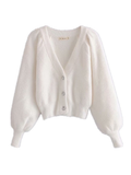 Set Shaggy Korea Style White Cardigan Furry Single-breasted Button Tank Top Knitted Sweater Jumper 1 Set-Outfit