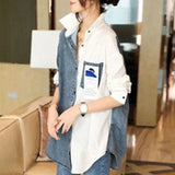 Loose Denim Spliced Blouse Casual Asymmetrical Spring Autumn Long Sleeve Female Clothing Pocket Single-breasted