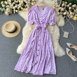 Sweet Floral Dress Women V Neck Puff Sleeve Single-Breasted Belt Dress Summer Bohemian Print A-line Midi