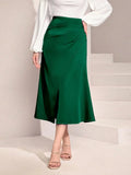 Women's High-Waisted Satin Pleated Split Skirt Solid Color Half Skirt Zipper Fishtail Hip Skirt-Outfit
