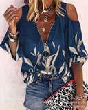 Loose Zipper Print Shirt Blouse Women Spring Summer Fashion V-neck Lantern Sleeve Shirts For Women Sexy Off Shoulder Top-Outfit