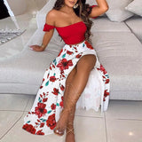 Print Women Dress Sets Sexy Tie Strapless Off Shoulder Bodycon Shirt Split Long Skirt Summer Party Two Piece Set