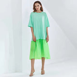 Casual Two Tone Dress For Women Round Neck Short Sleeve Loose Long Dresses Female Fashion New Clothing 2022