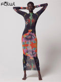 Summer Sexy Clothes Bodycon Dresses For Women 2022 Long Sleeve O Neck Dress Female See Though Print Mesh Party Maxi