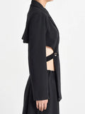 Women Black Backless Hollow Out Irregular Blazer New Lapel Long Sleeve Loose Jacket Fashion Spring Autumn 2023