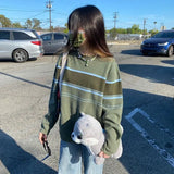 Green Crewneck Oversized Striped Sweater Women Knitwear Grunge Y2K Long Sleeve Top Pull Knitted Sweater Vintage