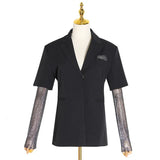Summer Solid Blazer For Women Long Sleeve Diamond Patchwork Long Elegant Coat Female Fashion Clothing 2022