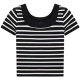 Knitted Blouse French U-Collar Striped T-Shirt New Summer Ice Silk Short-Sleeved Collarbone Bottomed Shirt-Outfit