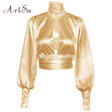 Women Sexy Lace Up Bow Satin Blouse Turtleneck Shirt Backless Blouses Blusas Women Puff Sleeve Crop Top Spring