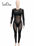 Black Jumpsuit Women Sexy Sheer Mesh Patchwork Long Sleeve Zipper Bodycon Romper Winter 2023 Elegant Night Club