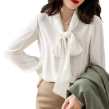 And Autumn 2025 New Solid Color Ribbon With Bow Chiffon Shirt Women Fashion Oceanic