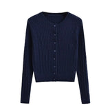 colors Women Cable Twist Knitted Cardigan Round Collar Center Buttons Sweater Full Sleeve Short Jumper Gray-Outfit