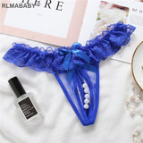 Women Pearl Crotch Open Lace Thong Slim Transparent Lingerie G-String Solid Color Girl Temptation Massage Underwear