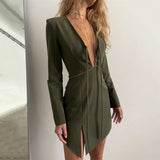 Elegant Fashion Office Lady Tie Up Mini Dress for Women Spring Fall Sexy Club Party V-Neck Bodycon Dresses