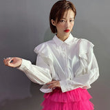 Casual Colorblock Ruffle Trim Shirt For Women Lapel Long Sleeve Chic Blouse Female Fashion New Clothing 2021