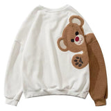 Harajuku Kawaii Hoodies Women Bear Embroidery Fleece Drop-Shoulder Sleeves Sweatshirts Bestie Friends Matching Pullover