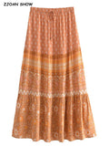 BOHO Orange Flower Print Long Skirt Spliced Ruched Ruffle Hem Hippie Women Ball Tassel Bow Waist Swing Skirts Holiday-Outfit