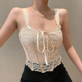 Retro Bow Lace Corset Top Fairy Core Aesthetic Backless Square Neck Crop Top Women Summer Tank