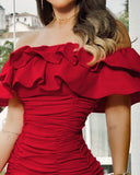 Women Black Off Shoulder Ruched Layered Ruffles Bodycon
