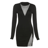 Dress Hot Sexy Patchwork V-Neck Long Sleeve Mini Dress Women Bodycon Slim Robe Side Split Elegant Autumn