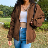 Sweetown Brown New Aesthetic Hoodies Women Vintage Zip Up Sweatshirt Winter Jacket Clothes Pockets Long Sleeve Hooded