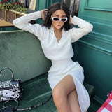 Free Shipping 2022 Women's Casual Knit Skirt Set Lapel Long Sleeve Turtleneck Short Knit Sweater & Split Midi Skirt 2-Piece