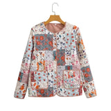 Autumn Winter Pink Flower Print V Collar Quilted Coat Ethnic Women Front Pockets Thin Quilting Full Sleeve Bomber Jacket-Outfit