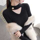 Casual Pullover Sweaters Women Knitted Autumn Winter Half Turtleneck Hollow Jumper Femme Pull Knit Top White Mujer