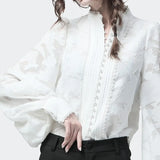 Lace Women's Shirts Lantern Long Sleeves Stand Collar Korean Shirt Blouse Female 2022 Autumn Fashion