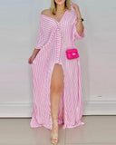 Loose Striped Shirt Dress Women Fashion V-neck Long Sleeve Loose Striped Print Slit Maxi Dress for