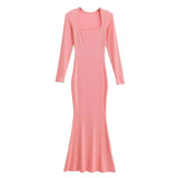 Sexy Square Collar Knitted Cotton Maxi Long Mermaid Dress Women Full Sleeve Stretch Basic Bodycon Fishtail Robe Vestido-Outfit