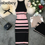summer women's hanging neck knit long dress round neck stripes hit color waist slim slim ming knit long dress office