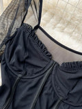 New Stylish Black Bodysuits for Women Sexy See Through Mesh Patchwork Long Sleeve Square Collar Slim Stretch Body