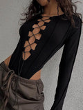 Knitted Long Sleeve Tie Up Sexy Bodysuit Bandage Patchwork Bodycon Club Party Body Women Outfit High Waist Top-Outfit