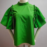 Casual Solid Shirt For Women Stand Collar Loose Short Sleeve Pacthwork Diamonds Tassel Blouses Female Fashion