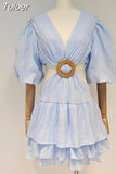 White Hollow Out Sexy Dress For Women V Neck Lantern Half Sleeve High Waist Pleated Dresses Female Summer 2023 New