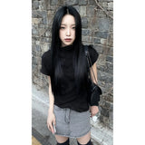 Shirts for Women Summer Tshirts Turtleneck Short Sleeve Folds Tees Crop Tops Vintage Fashion Temperament Folds T-shirts-Outfit