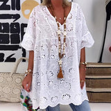 Toloer Women's New V-Neck Hollow Embroidered Blouse Short-Sleeved