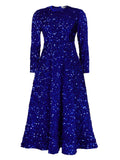 New Women's Round-Necked Long-Sleeved Solid-Colored Bright-Waisted High-Rise Dress Dress