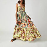 Women's Vintage Floral Print Silky Bow Knot Tie-Up Shoulder Straps Sleeveless Summer Big Swing Long Cami A-line Dress-Outfit