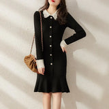 Women Single Breasted Turn Down Collar Knitted Sweater Spring Long Sleeve Elegant Slim Bodycon Knee Mermaid Dress Black