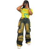 Women's Straight Jeans Women's Fashion Trend Personality Multi-Pocket Hanging High-Waisted