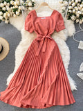 Vintage Square Collar Pleated Dress Women Spring Summer 2021 New Fashion Yellow/Blue/Red High Waist Bandage Party Vestidos