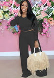 Fashion Slim Long Sleeve Round Neck Crop Top And Matching Wide Pants