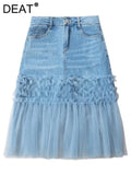 Women's Denim Skirt High Waist Patchwork Irregular Contrast Color Mesh Wrap Hip Mini Skirts 2024 Summer New Fashion 29L1167-Outfit