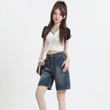 Waisted Denim Shorts Women Summer Korean Fashion Y2k Bottoms White Retro Blue Black Jeans Knee Length Female Jean